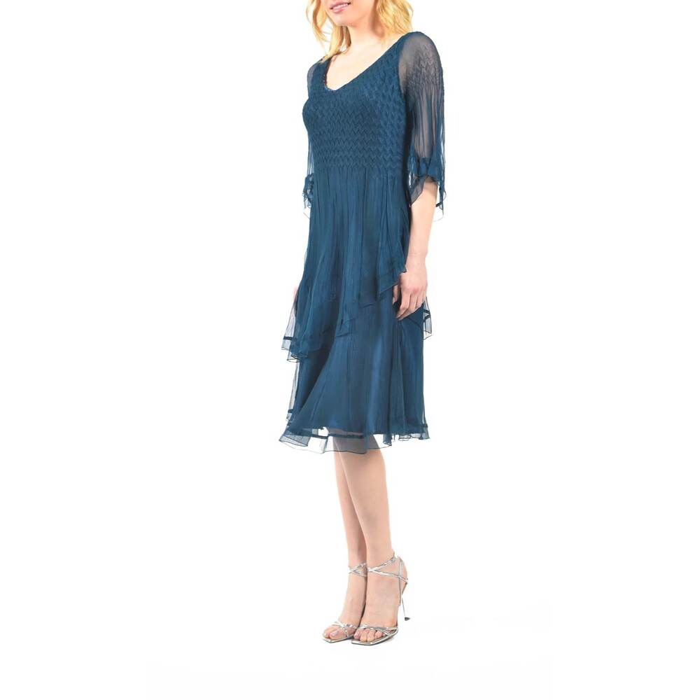 Komarov Women’s Tiered Chiffon Cocktail Midi Dress size S Moroccan Blue Elegant